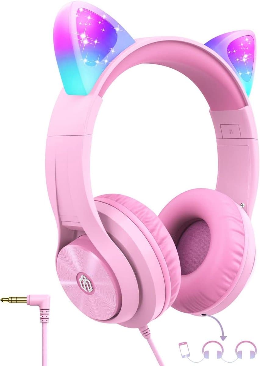 Koptelefoon met Kattenoren - Kinderkoptelefoon Hoofdtelefoon met LED - Muziek Luisteren - Volume Limiet 94dB - Verstelbaar - Roze