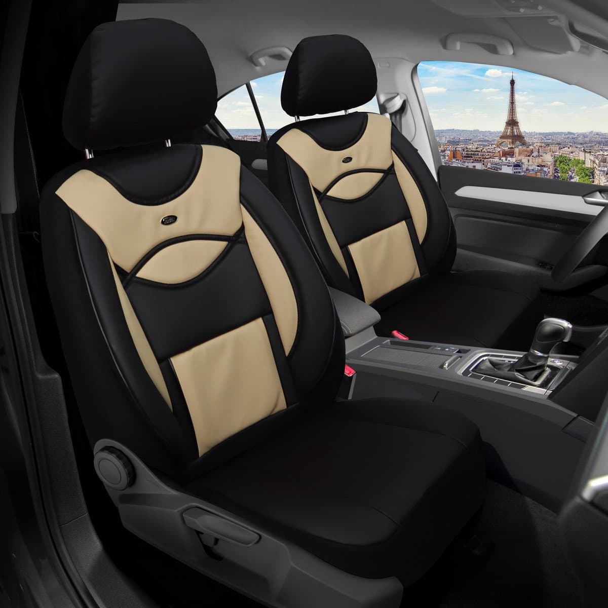 Autostoelhoezen voor VW Caddy Bj 2003-10 – Stoelhoezen voor bestuurder en passagier in Zwart/Beige