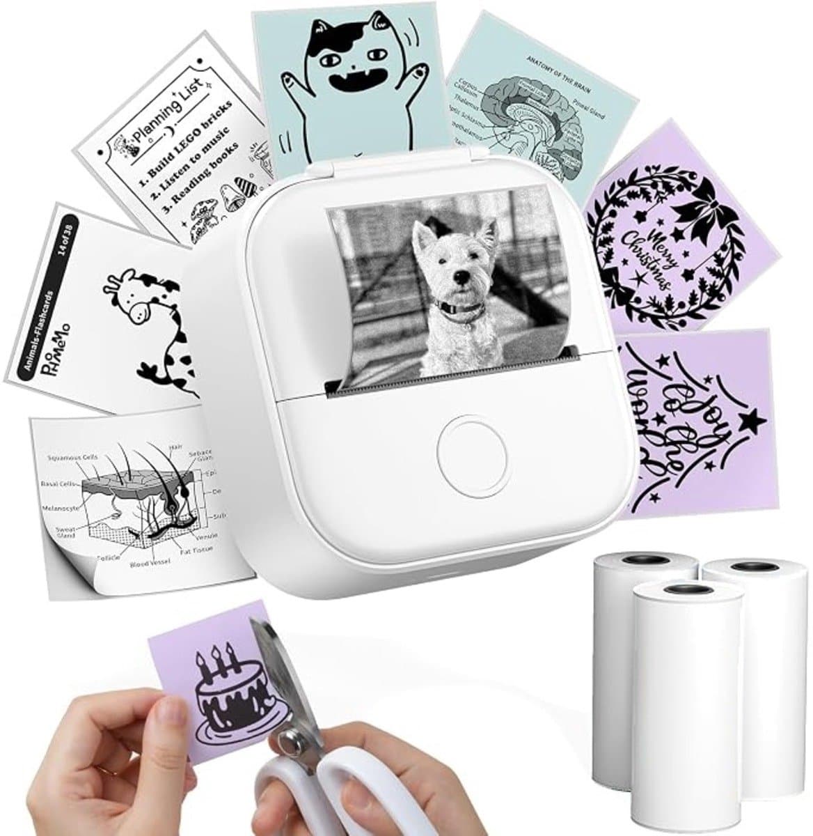 Mini Printer voor Smartphone – Print Foto’s & Stickers – Bluetooth Pocket Printer – Draagbare Mini Fotoprinter – Incl. 3 Rollen (50–53 mm) – Wit