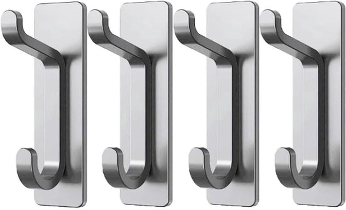 Muurhaak - 4 Stuks - Handdoekhaak - Badkamerhaak - Ophanghaken - Kledinghaak - Geborsteld zilver - RVS - 8.5*3*3.5 CM - Voor Woonkamer, Keuken en Badkamer - Metaal Wandhaak - Deurhaak - Voor het ophangen van handdoeken, handtassen, hoeden, kleding