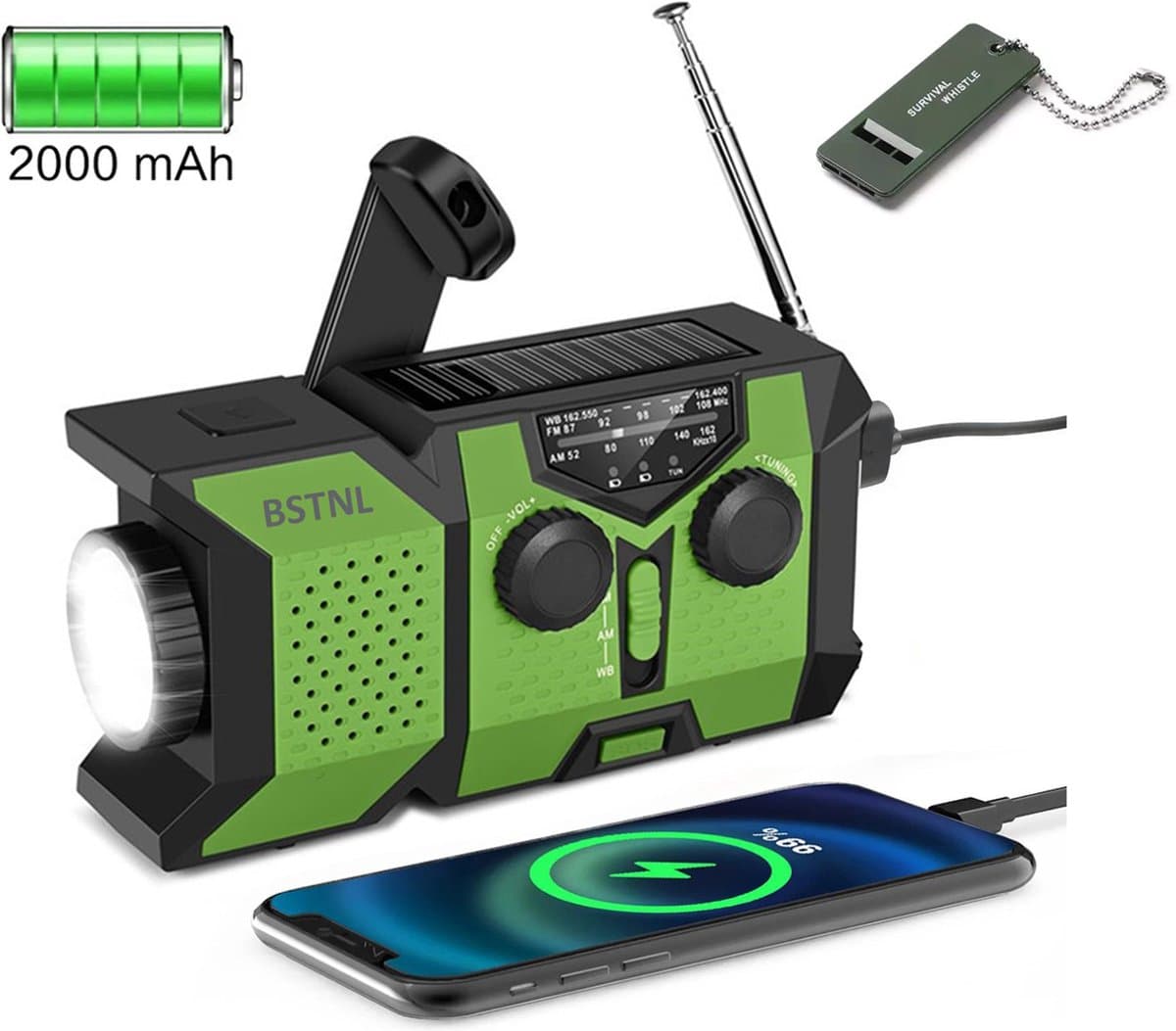 BSTNL Noodradio - AM/FM - Radio Op Batterijen (Accu) Voor Rampen - Noodfluit - Solar Powerbank - Survivalradio - Noodradio Solar Opwindbaar - Zaklamp - SOS Knop - Powerbank Zonneenergie - USB C - Noodpakket voor Thuis - Groen