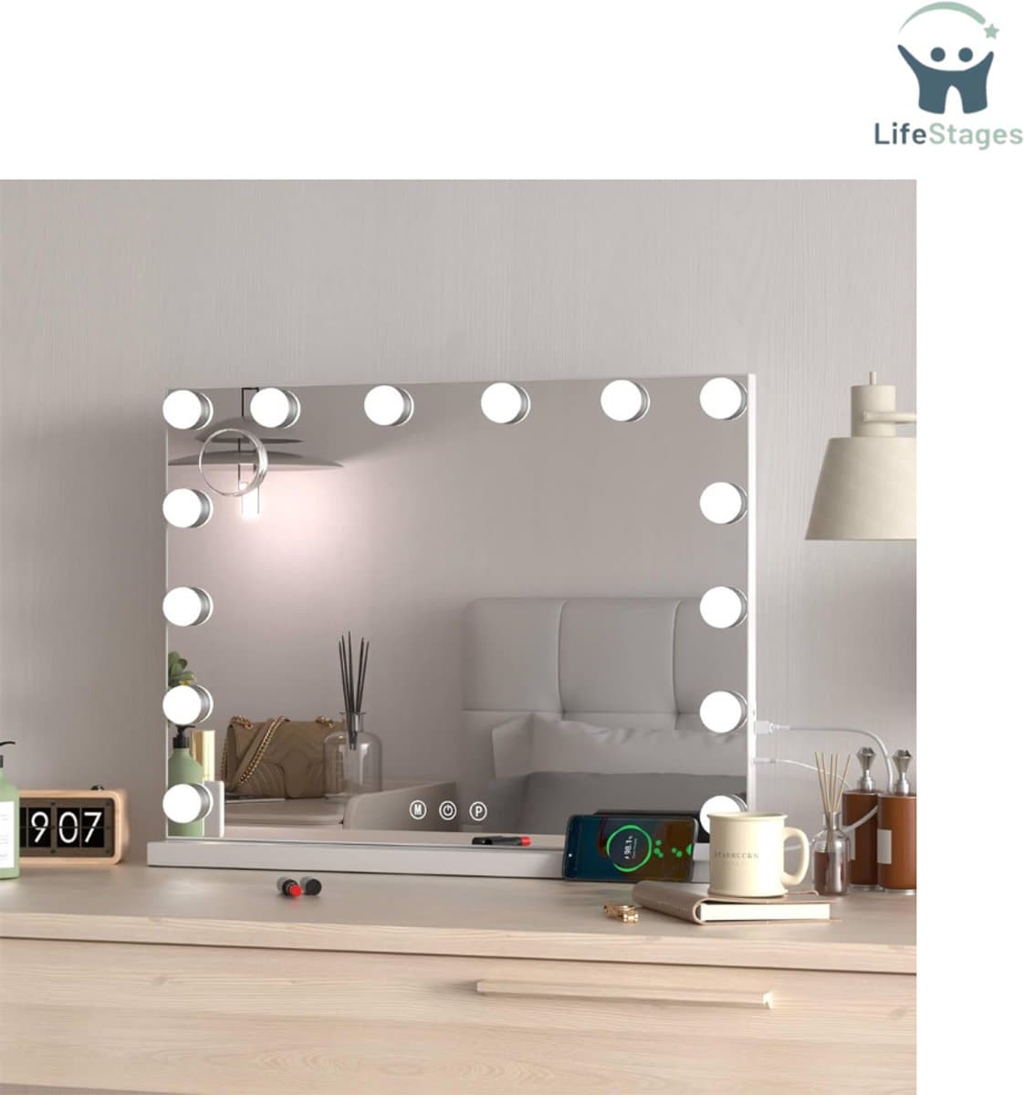 LifeStages - Hollywood Spiegel Met Verlichting - Hollywood Spiegel Met 3 Lichtkleuren - Duurzame Make-up Tafel - Spiegel Voor Make-up Met USB, Touch Controlled - 50x40cm