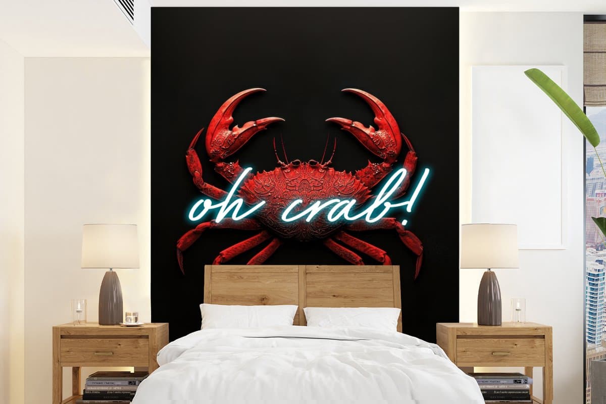 Behang - Fotobehang Krab - Rood - Neon - Quote - Breedte 190 cm x hoogte 260 cm