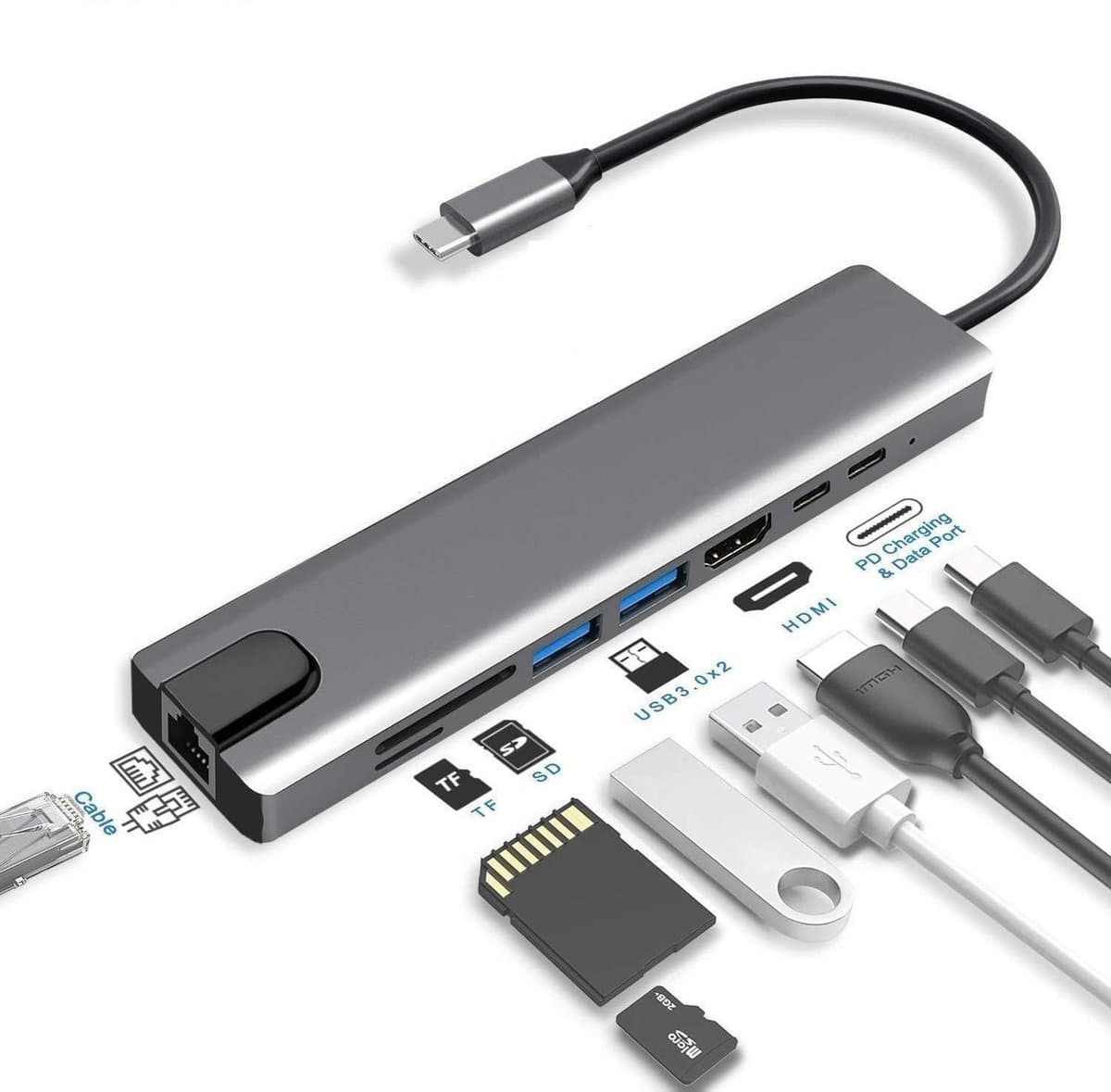 8 in 1 CNC Aluminium Type C Adapter met 4K HDMI-poort, Ethernet 1000mbps Internet RJ45-poort, 2 USB 3.0-poorten, USB-C Power Delivery kabel, TF/SD-kaartlezer, Compatibel voor USB C-apparaten