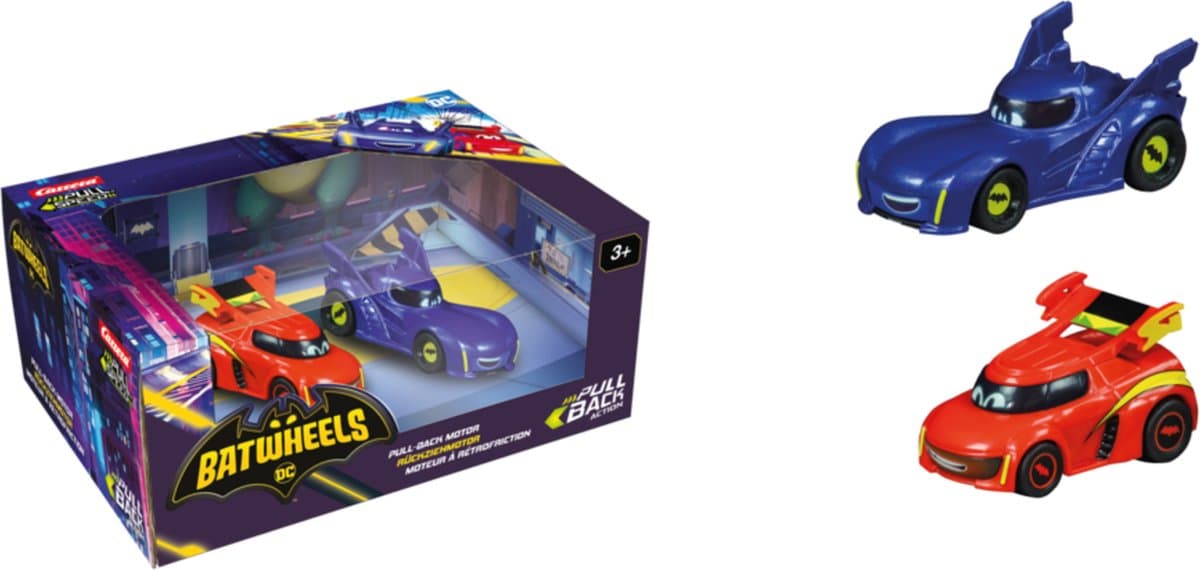 Carrera Speelgoedvoertuig - Pull and Speed - Batwheels - BAM vs. RED - Pull Back Auto - Terugtrekauto - 1:43 - 2 Stuks