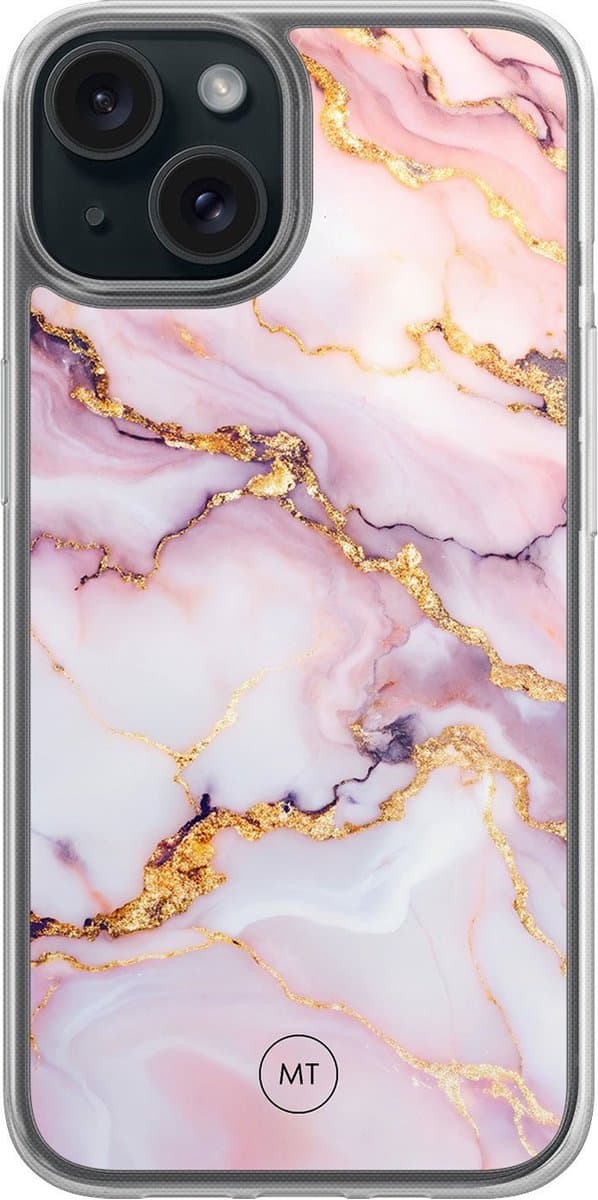 Hybride hoesje geschikt voor iPhone 13 - Marble pink - Extra bescherming - Luxe beschermhoes - TPU case - Transparant, Roze - Mooie Telefoonhoesjes