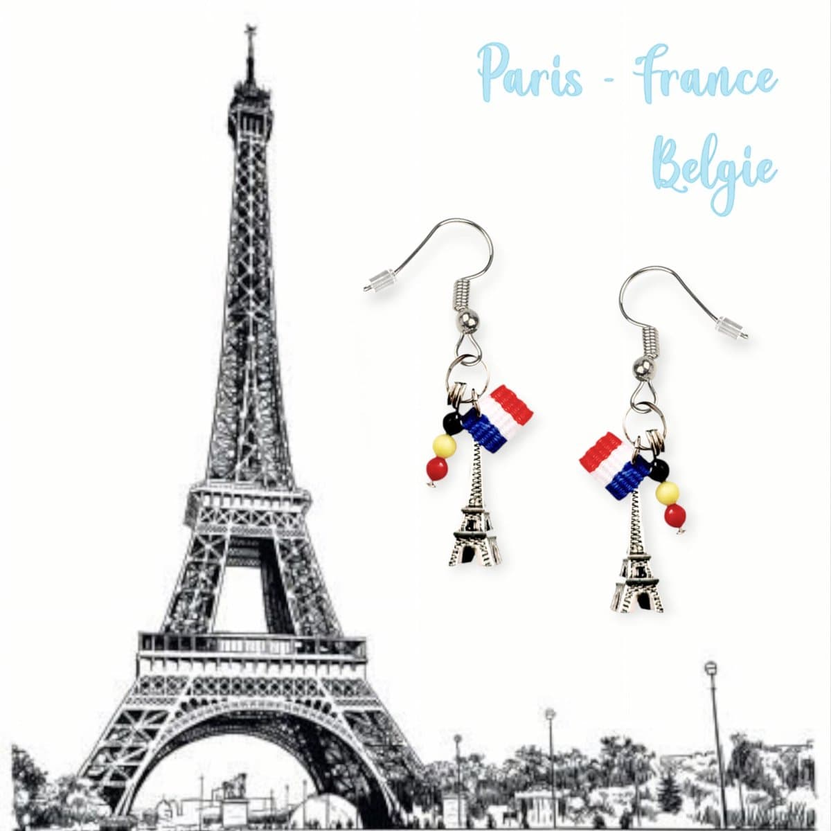 Fashion Jewelry - Het Appeltje® - Set oorhangers oorbellen France (paris) & België - Eiffeltoren Le Tricolore F Vlag + Kralen Nationale Vlag BE - Silver Tone - Volwassenen Jeugd Kinderen - Vrouwen Meisjes - Casual