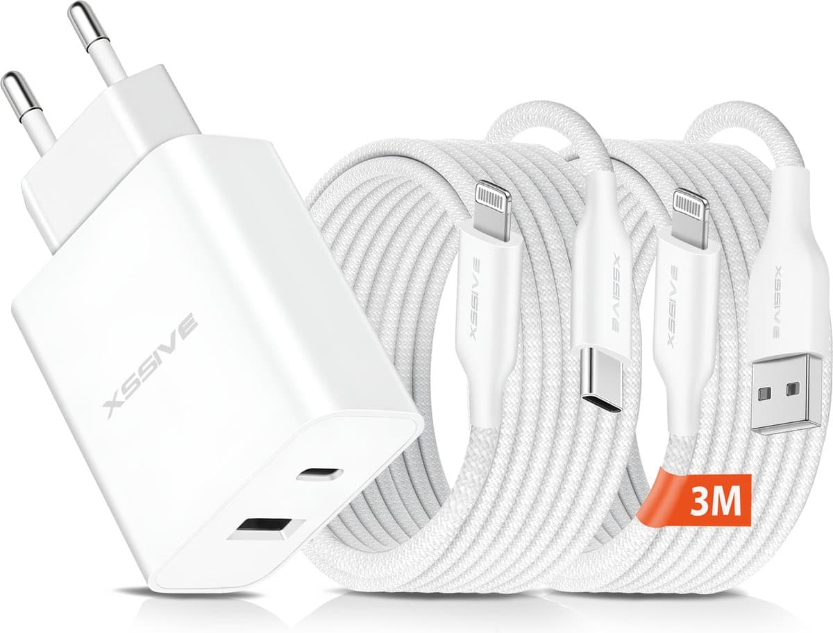 Complete Snellader Set - 3 Meter - Geschikt voor iPhone 14, 13, 12, 11, X, 8, 7, SE en ouder - Snel Oplader met Kabels