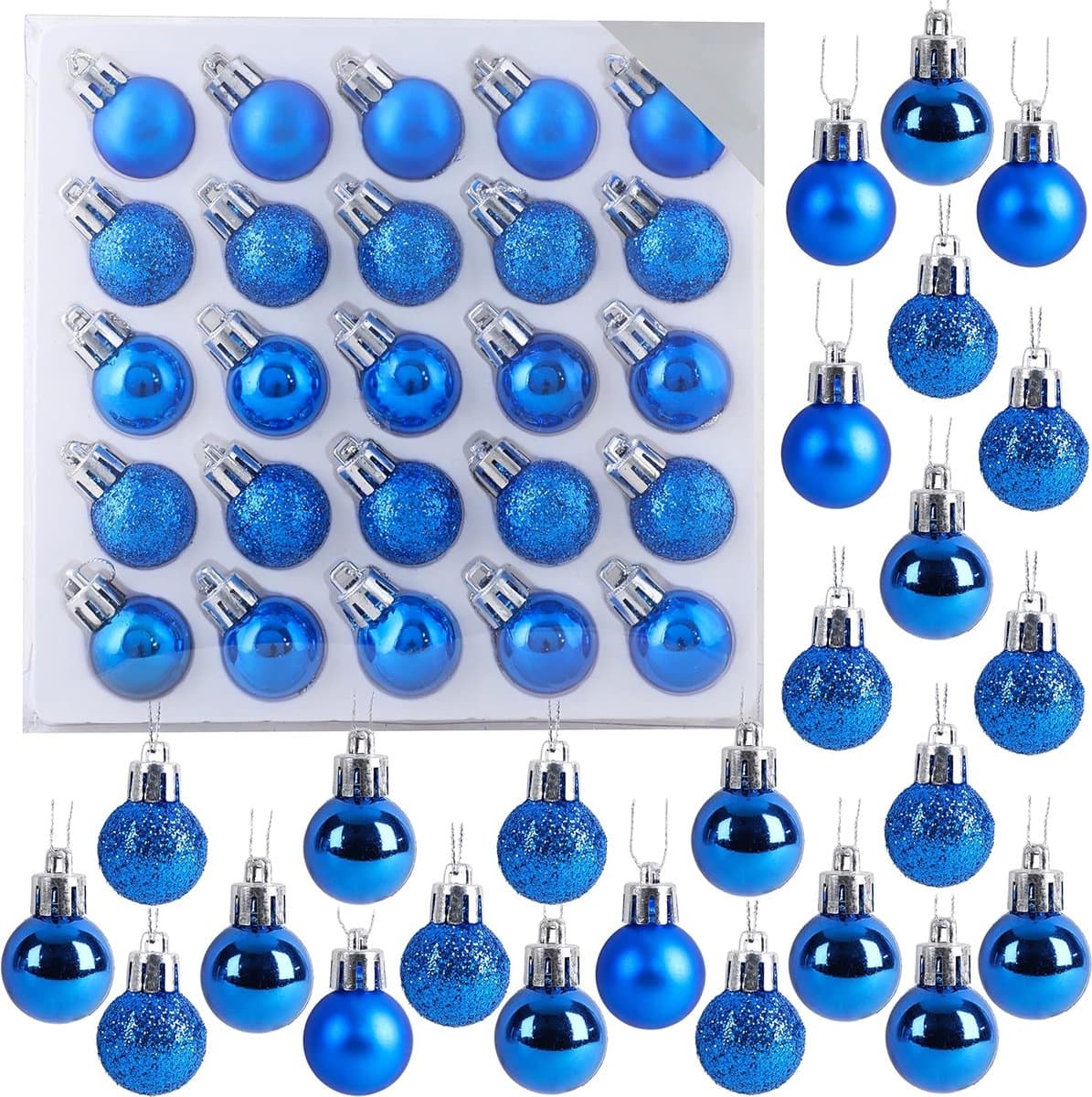 Pakket van 25 - 25 mm Mini Kerstboomballen - Glanzende - Matte en Glitter Versierde Kerstballen (Blauw)