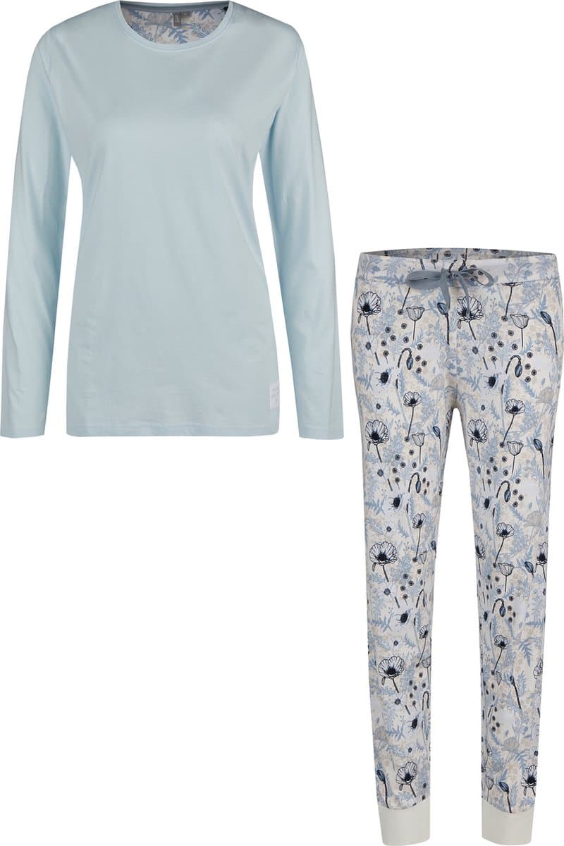 By Louise Dames Pyjama Set Jersey Katoen Gebloemd Lichtblauw - Maat XL