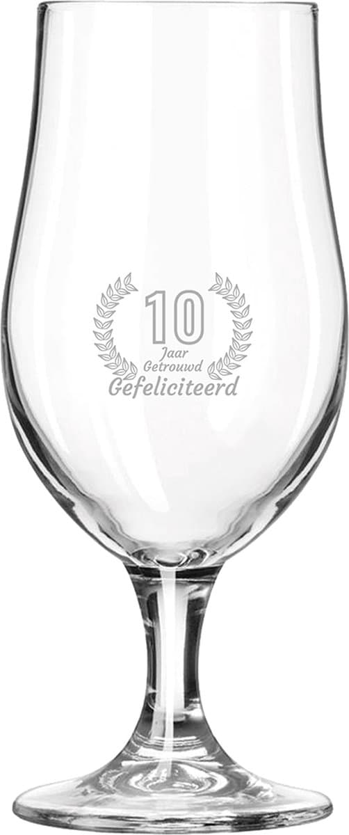 Gegraveerde Bierglas op voet 49cl Gefeliciteerd 10 jaar getrouwd