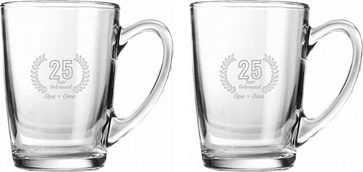 Gegraveerde set Theeglazen 32cl Opa + Oma 25 jaar getrouwd