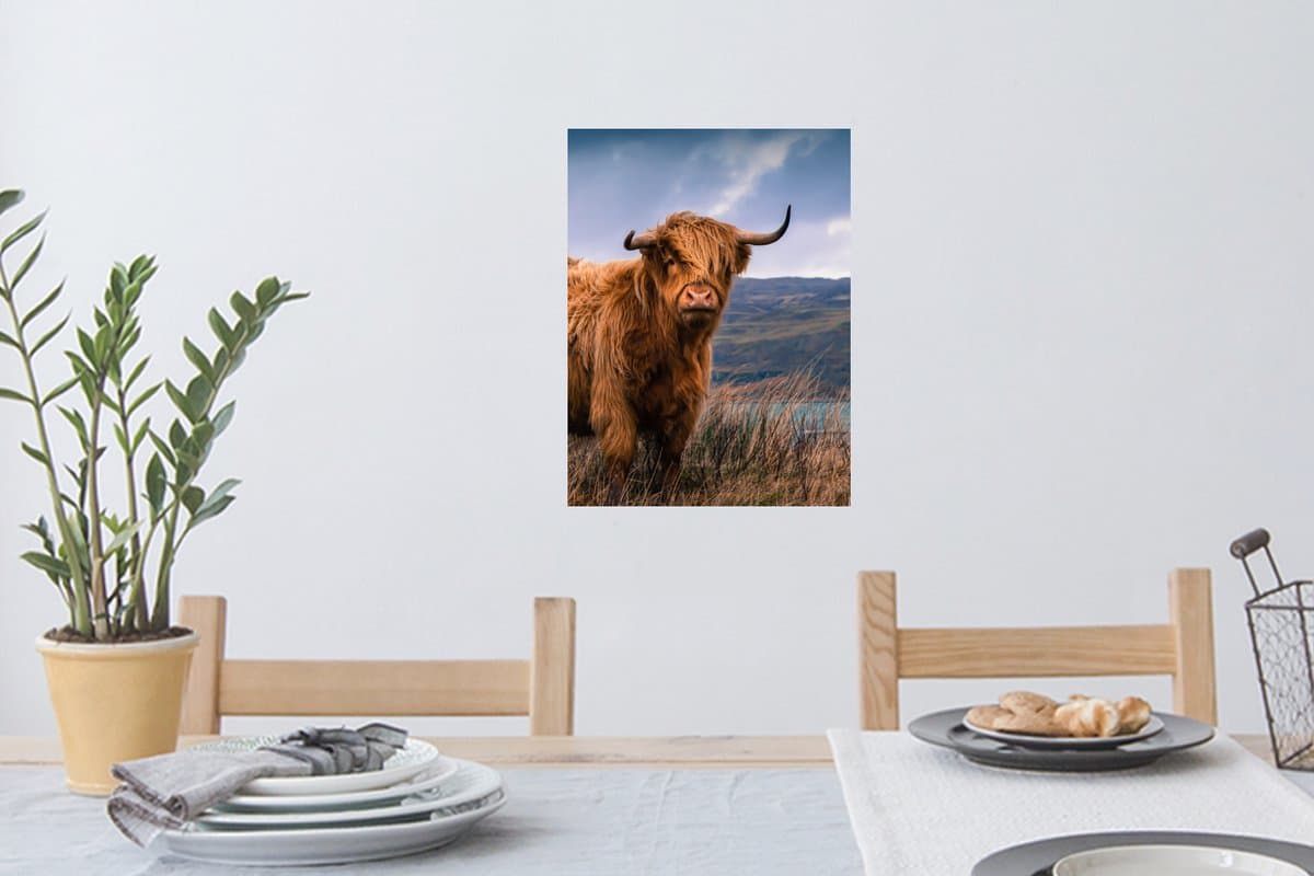 Muurstickers - Sticker Folie - Schotse Hooglander - Berg - Water - Natuur - Koe - 30x40 cm - Plakfolie - Muurstickers Kinderkamer - Zelfklevend Behang - Zelfklevend behangpapier - Stickerfolie