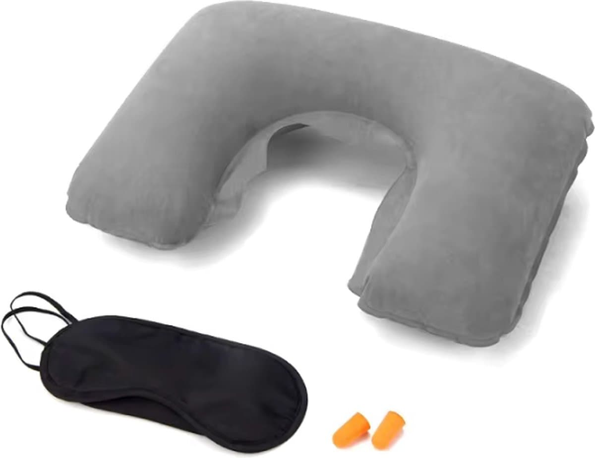 Nekkussen - Opblaasbaar met Slaapmasker en Oordoppen - Comfortabel Reizen - 3-delige Set - Ideaal voor Vliegtuig, Trein, en Auto - Grijs
