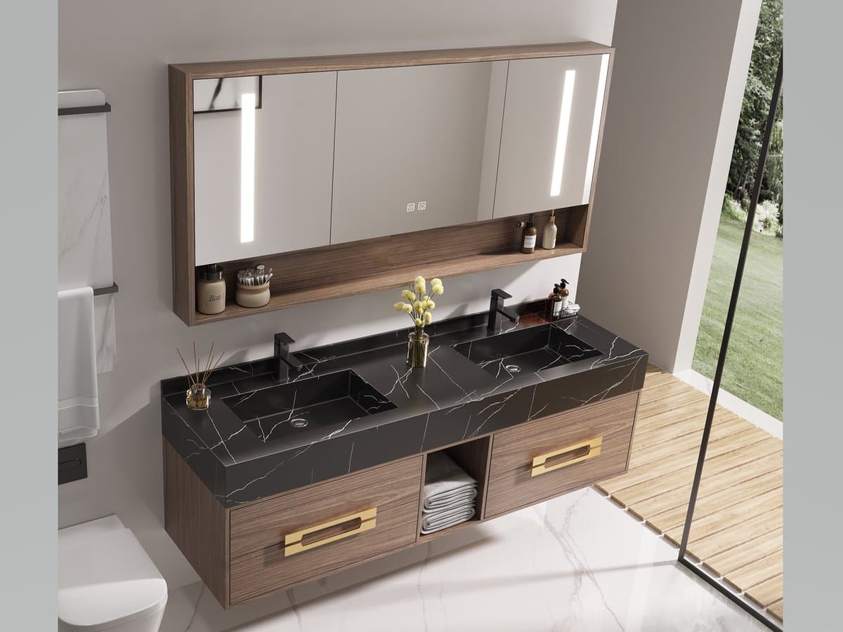 Haviklux Badkamermeubel - 2 persoons - 120 cm - Donker hout decor - Complete set incl. kranen