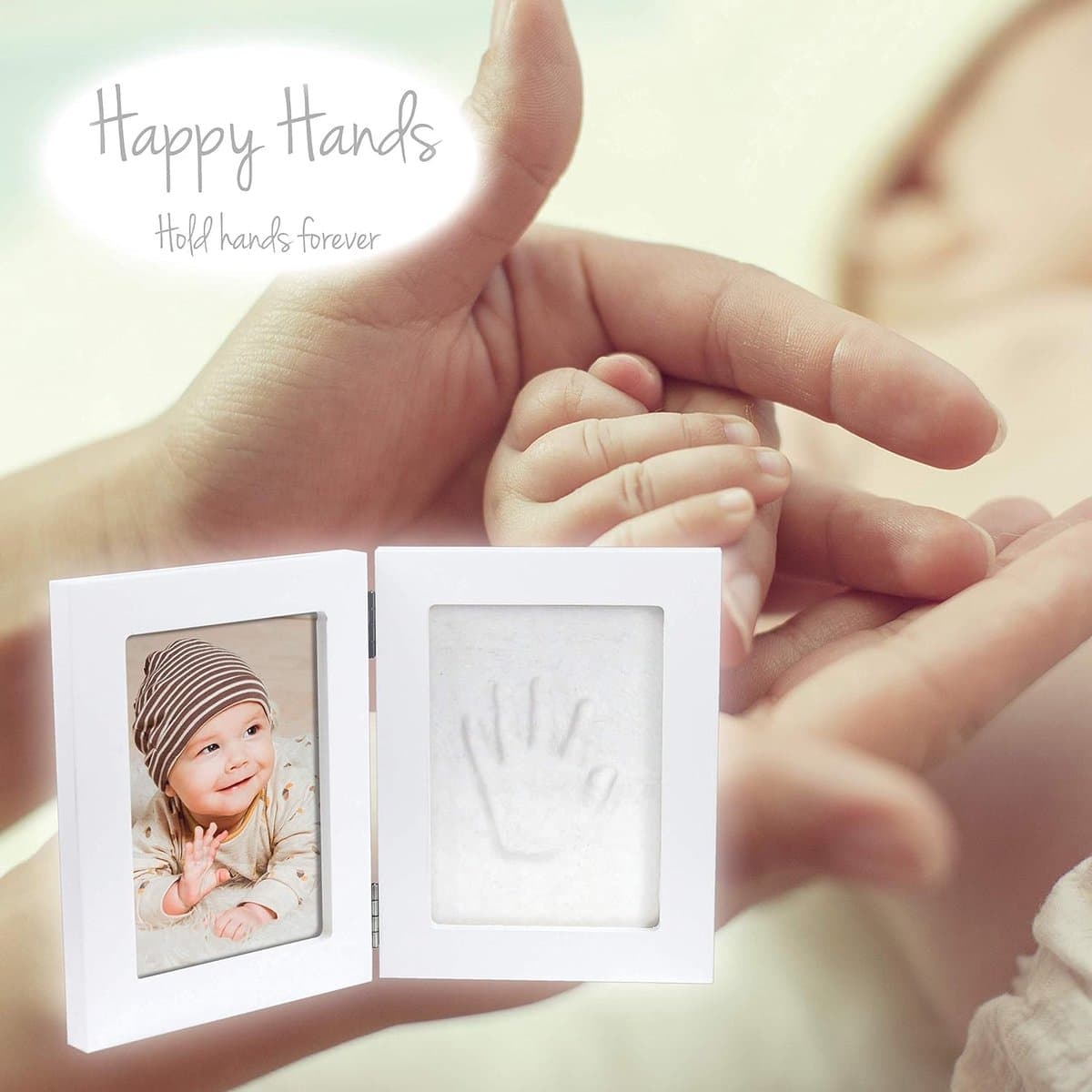 Happy Hands 130025 Klein dubbelframe handafdrukset voor een baby hand- of voetafdruk en een foto ter herinnering, wit, 500 g
