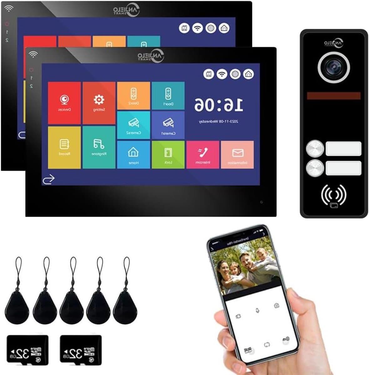 Video Intercom Systeem - Deurbel met Camera - Toegangscontrole Thuis - Twee Familie Ontwerp - 7 Inch Monitor - Zwart