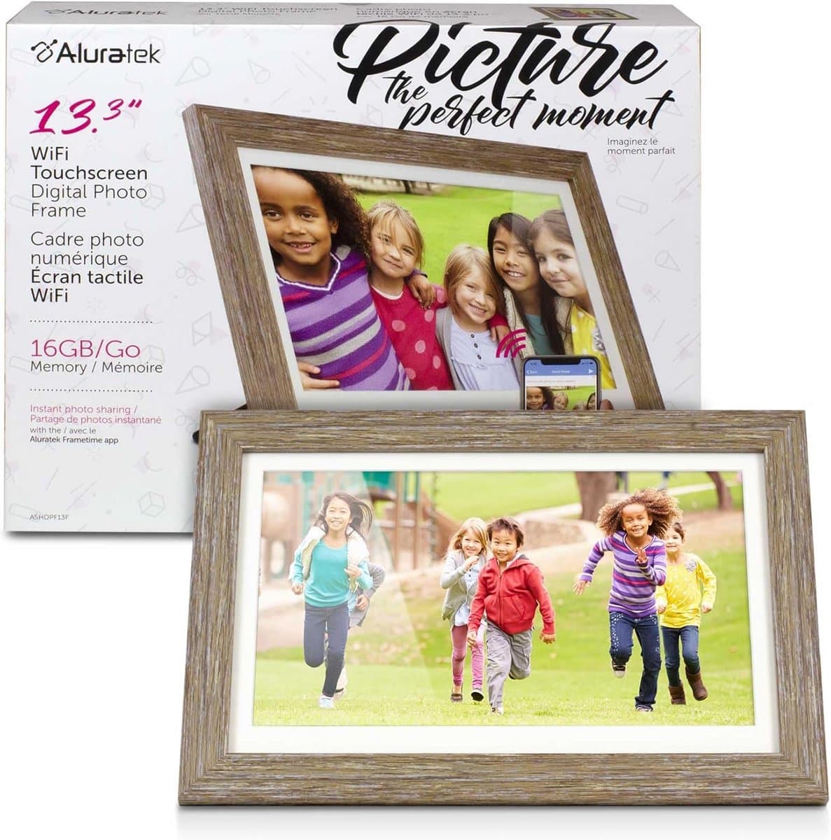 Digitale Fotolijst 13,3 Inch WiFi met 16GB Geheugen en Houten Frame