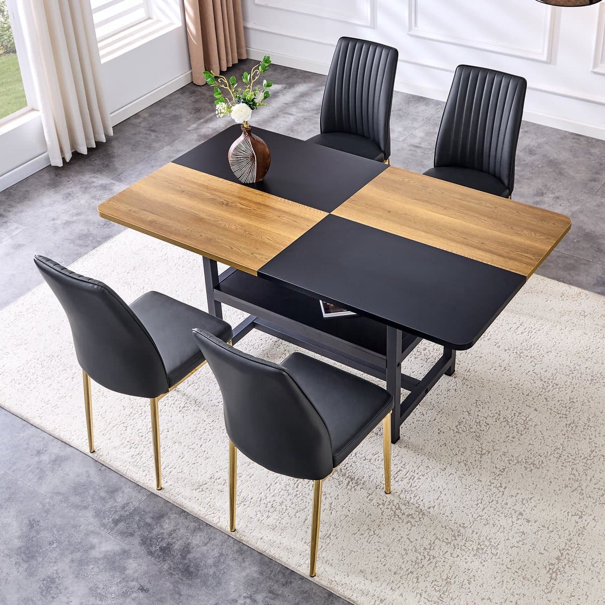 OKWISH Eettafelset 160 cm - Met 4 Eetkamerstoelen en Opbergplank - Voor Eetkamer of Keuken - Zwart Wit Goud