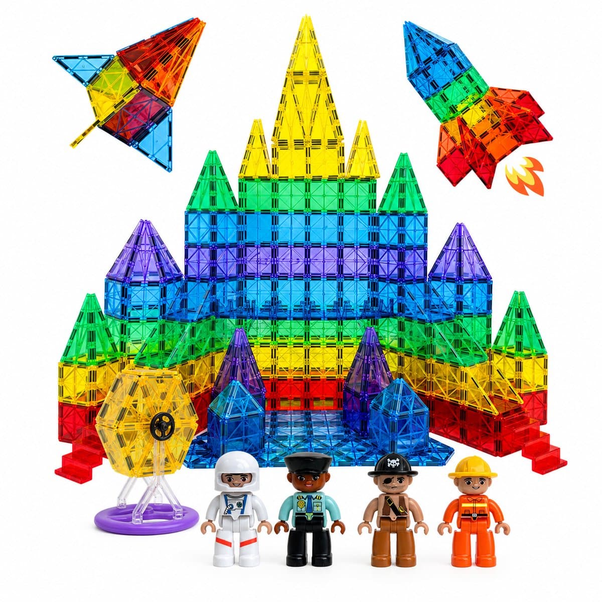Magnetic tiles - XL 129 stuks - Magnetische tegels - Speelgoed - Magneet tegels - Montessori - Bouwstenen - Travel set - Constructiespeelgoed - Met 4 magna poppetjes