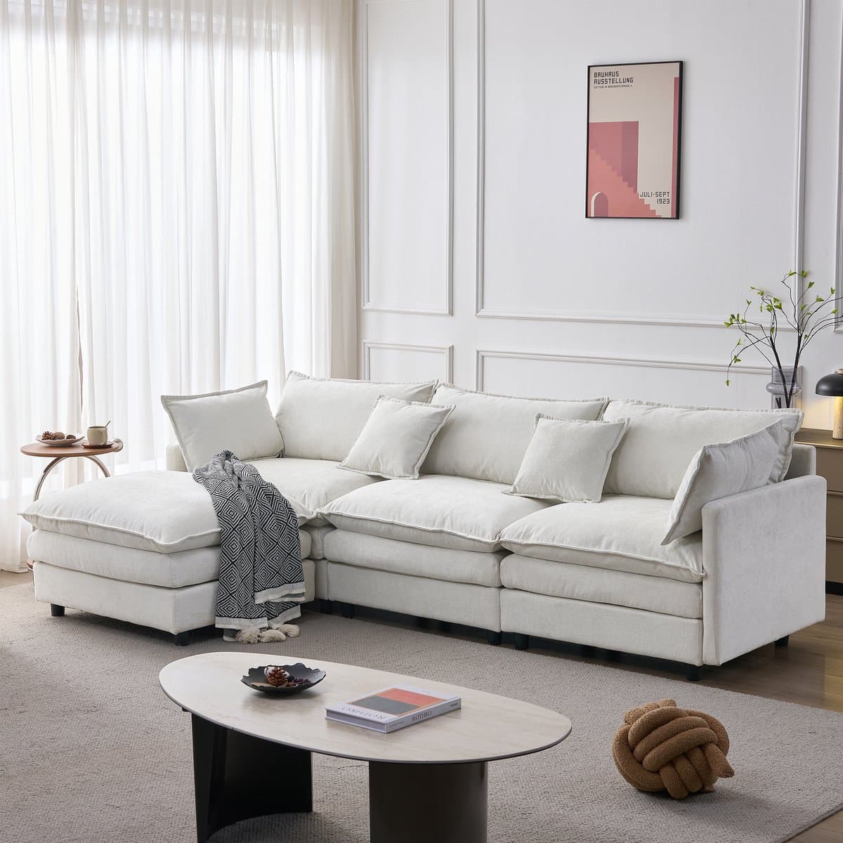 HAUSS SPOLE Hoekbank - Modulaire 3-Zits Met Chaise Longue En Hocker - Flexibel Comfort Voor Woonkamer En Lounge - Chenille Beige