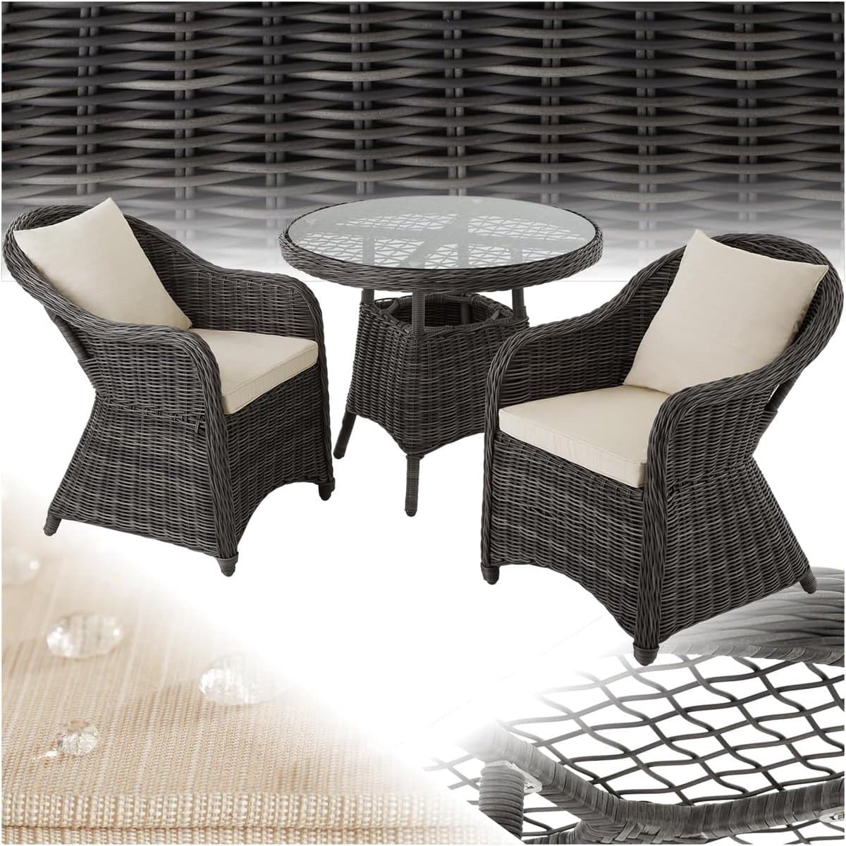 Tuinset 2 Personen 91x73,5 cm – Aluminium Polyrotan Balkonset met Tafel & 2 Stoelen incl. Kussens – Lichtgewicht Weerbestendige Tuinmeubelen – Grijs – Urbanhome
