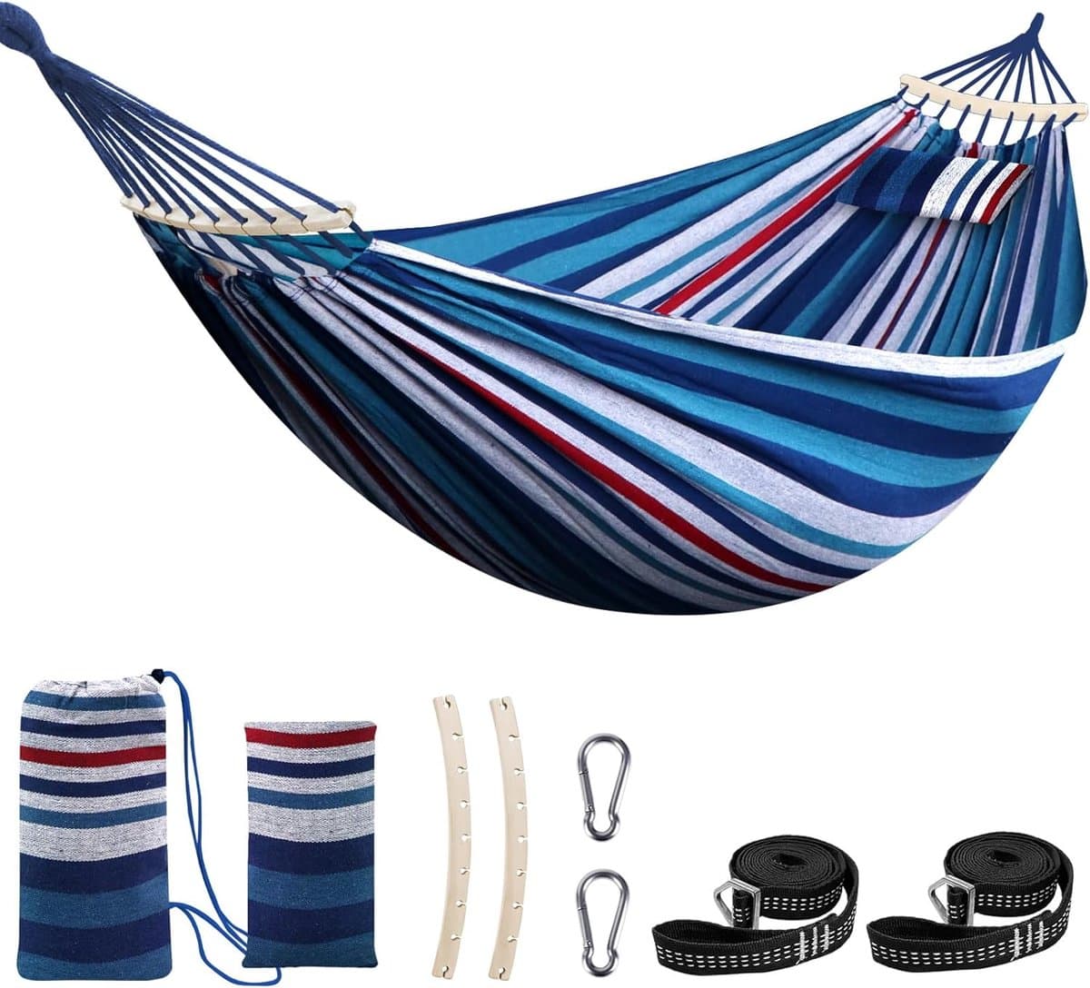 Katoenen Hangmat - Draagbare Relaxstoel - Buiten Ontspannen - Met Afneembare Spreidstang - 270 x 150 cm - Blauw Rood Wit