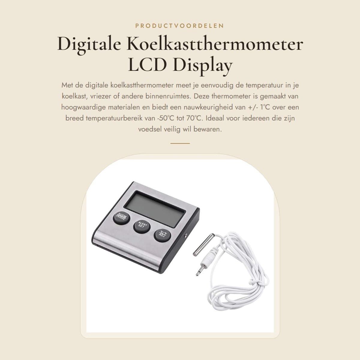 Dailygoods- Koelkastthermometer Digitaal - Nauwkeurig Temperatuurbereik - Temperatuur Koelkast/Vriezer - Hoog/Laag Alarm - Roestvrij Staal - Eenvoudig Afleesbaar - Thermometer
