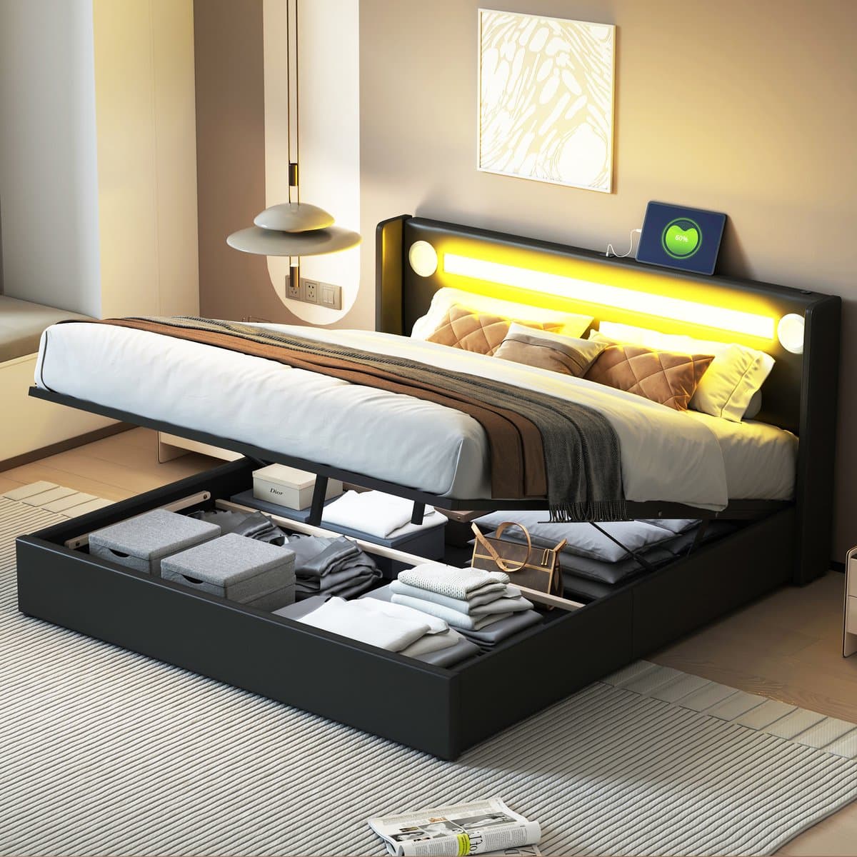 MIVRAY Gestoffeerd Bed 160x200 Cm - Met Ledverlichting En Bluetooth Muziekspeler - Met Opbergruimte - Pu Leer - Zwart - Zonder Matras