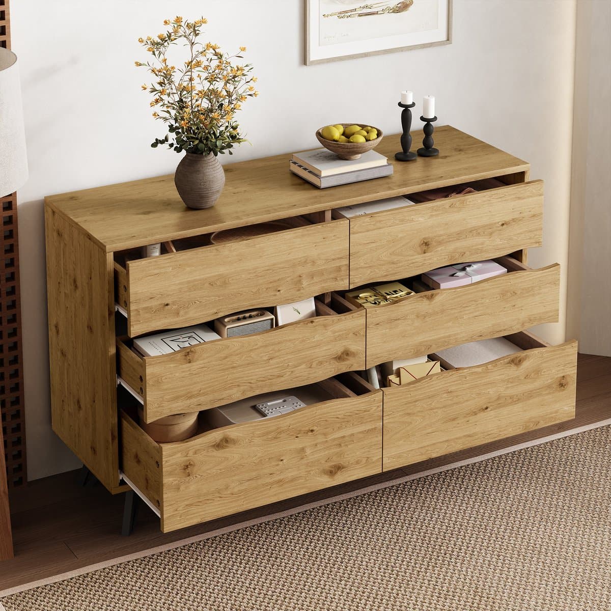 MIVRAY Dressoir - Houtlook Met Golffronten En 6 Lades - Veel Opbergruimte Voor Woonkamer En Eetkamer - Spaanplaat - 120x40x75,5 Cm