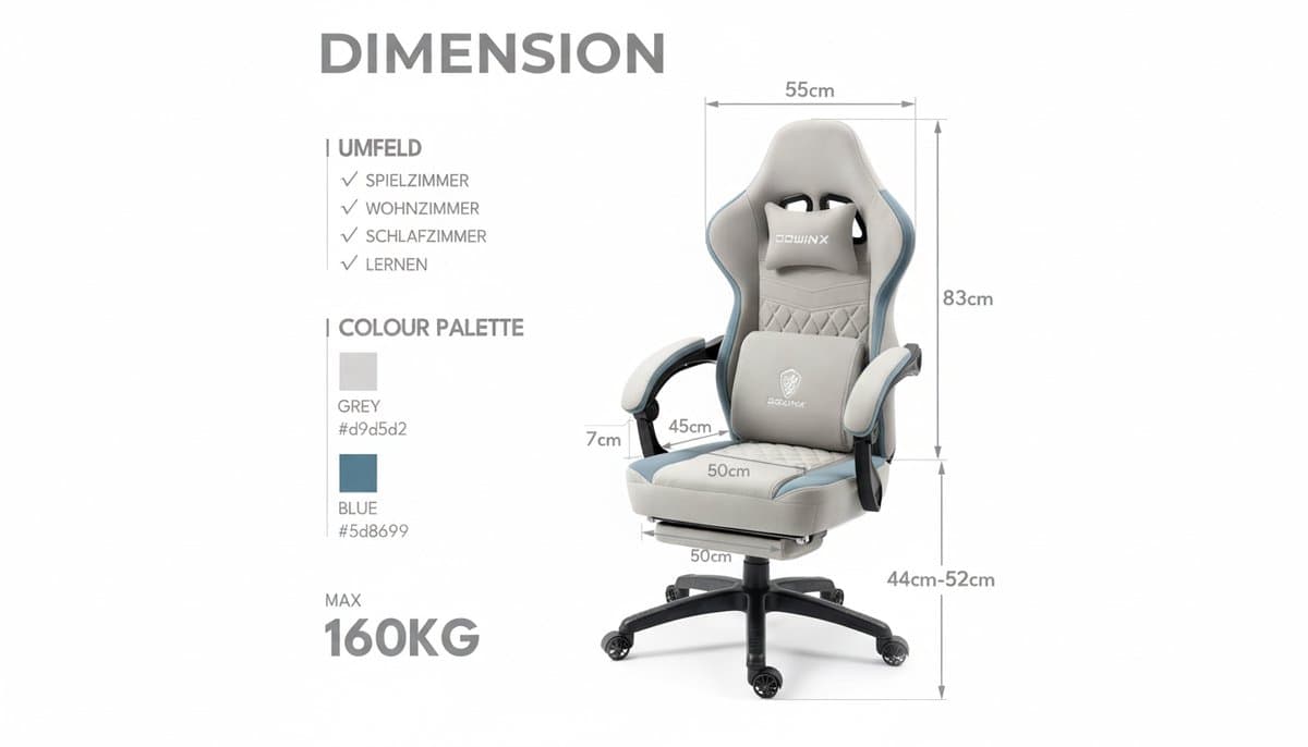 Gamingstoel Casa Velluto MaxComfort Pro – Ergonomische racestoel met pocketveringkussen, massagefunctie, voetensteun, verstelbare lenden- & hoofdsteun, 150 kg, grijs