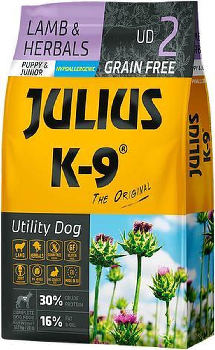 Julius K9 - Graanvrij hondenvoer - Hypoallergene hondenbrokken met lam & aardappel - Voor pups & jonge honden - 10kg