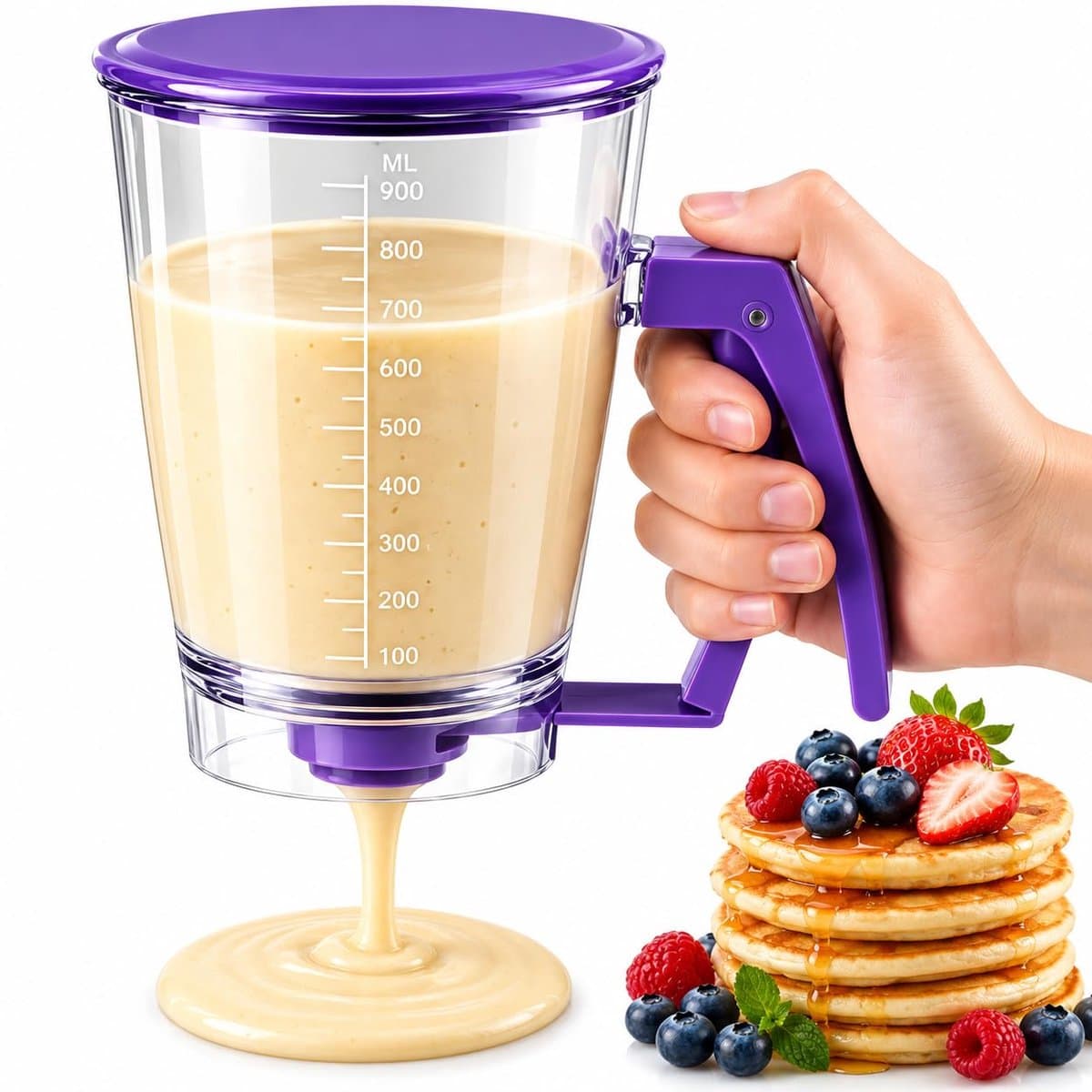 YAGXIG Muffinbeslagdispenser - Handmatige extruder - Draagbare beslagdispenser - Gradiëntmarkeringen en bodemventiel - Geschikt voor muffins, wafels, cupcakes, crêpes en diverse soorten cakebeslag - 900 ml - Paars