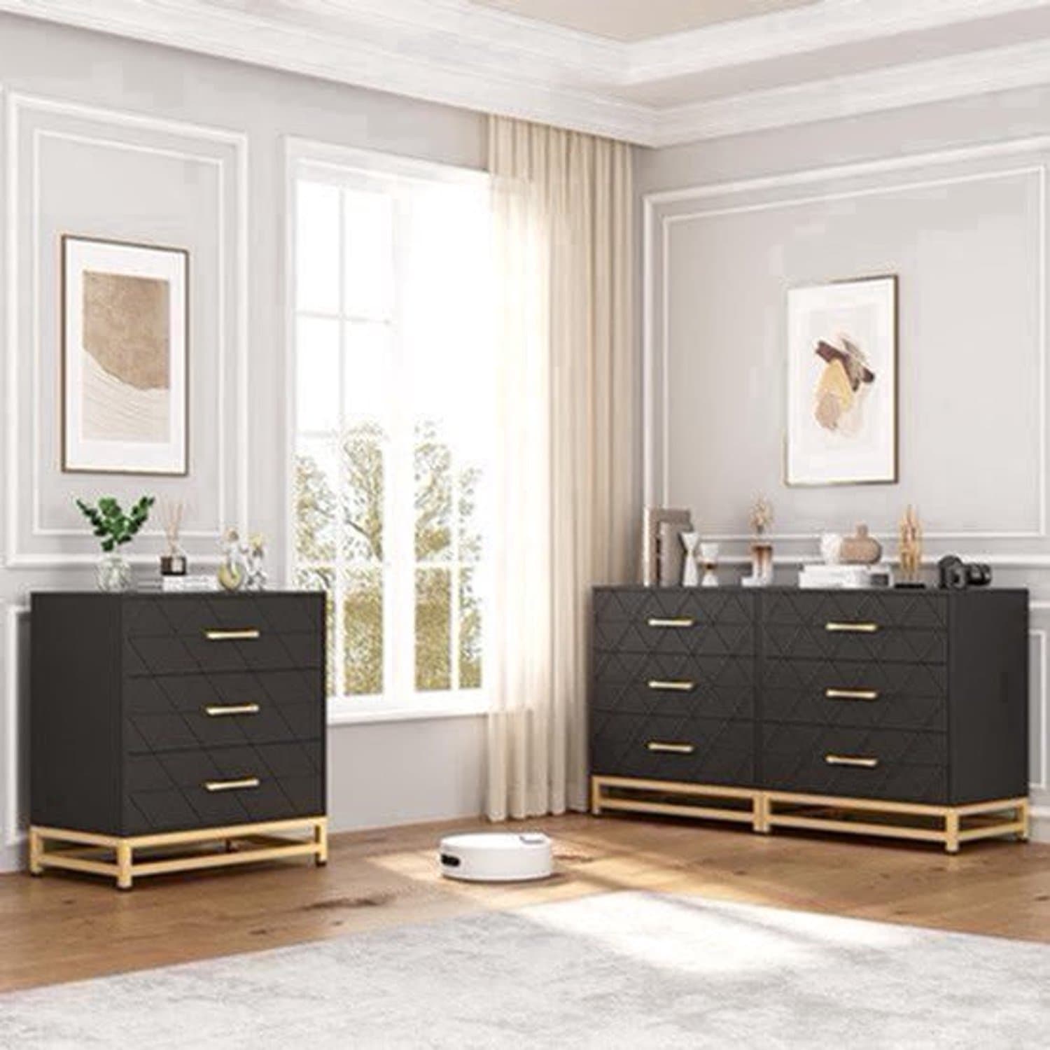 Ladekast – Dresser – Opslagkast – Kastenmeubel – Slaapkamerkast – Wit Met Gouden Accenten – 3 Ruime Laden – Duurzaam Metaal – 68,58 cm Hoog