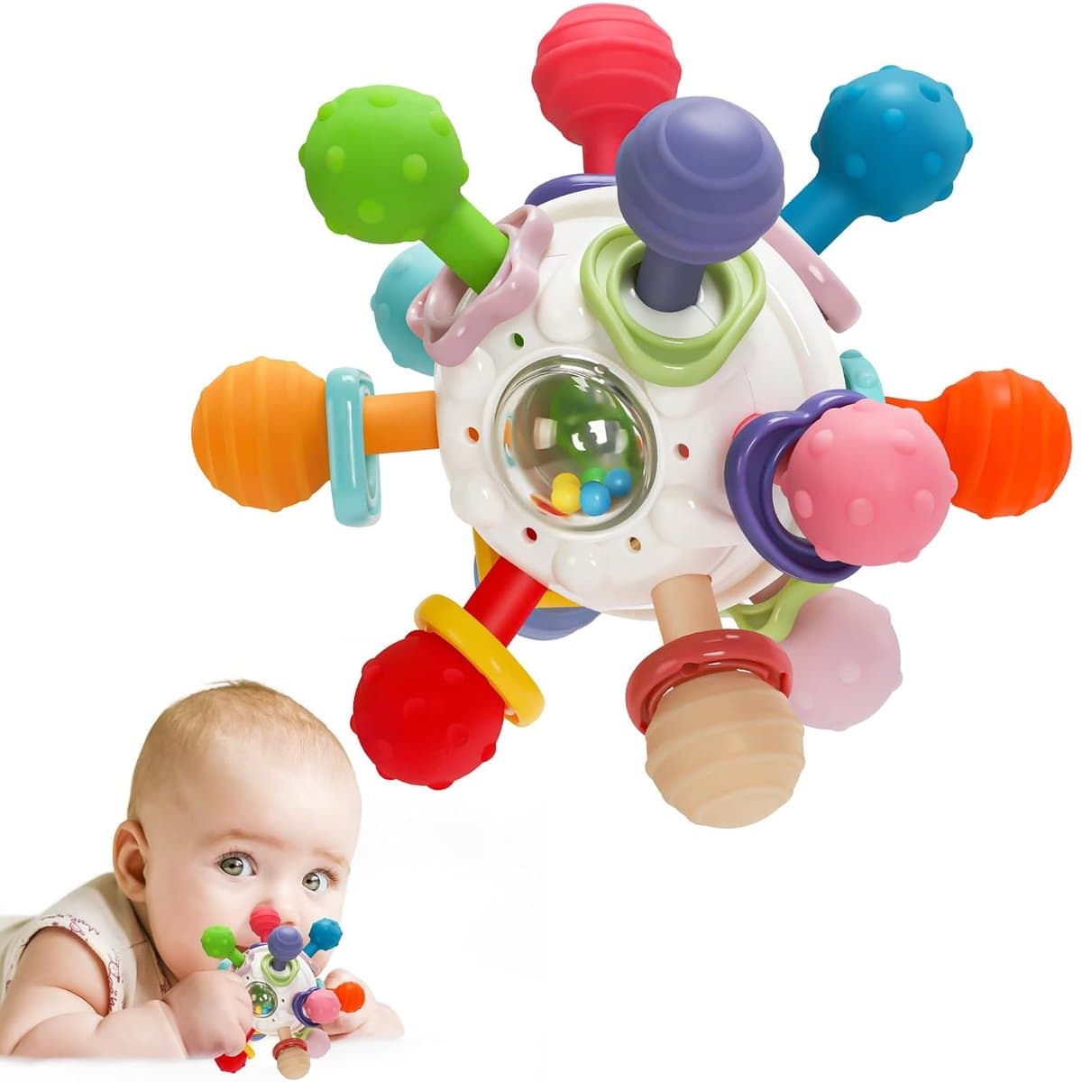 VONKELIOS® Bijt- en rammelspeelgoed, sensorisch speelgoed voor vroege stimulatie, Montessori tandvlees-speelgoed, verlicht tandpijn tijdens het doorkomen van tanden, vermindert vingerzuigen, fopspeen voor baby(wit)