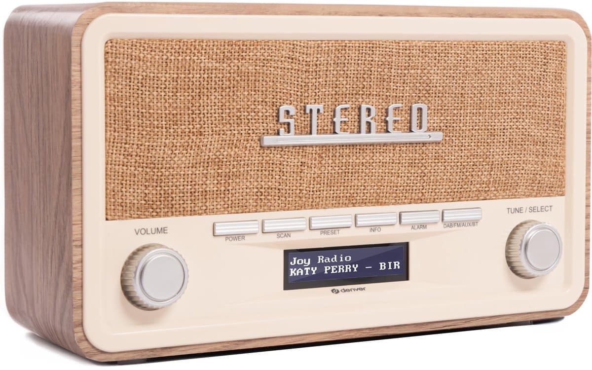 DAB radio Bluetooth retro tafelradio DAB+/FM met alarmfunctie, dimbaar LCD display, houten behuizing en stereo speakers