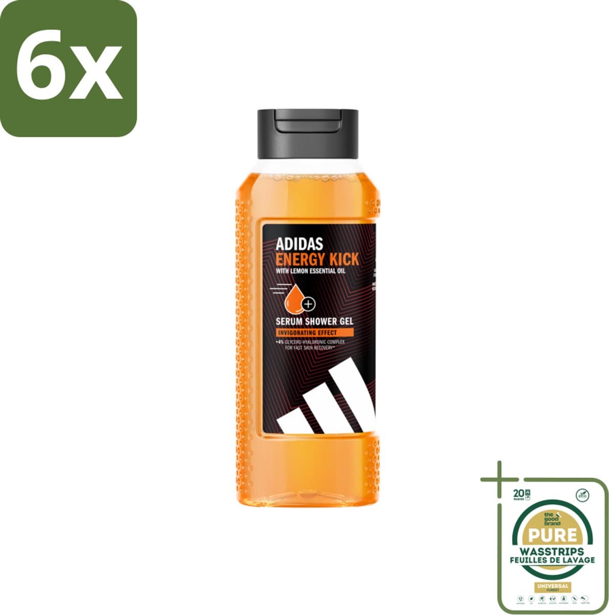 Adidas – Douchegel – Active Skin & Mind Energy Kick – 250 ml - Voordeelverpakking - 6 stuks - Frisheid - Citroen