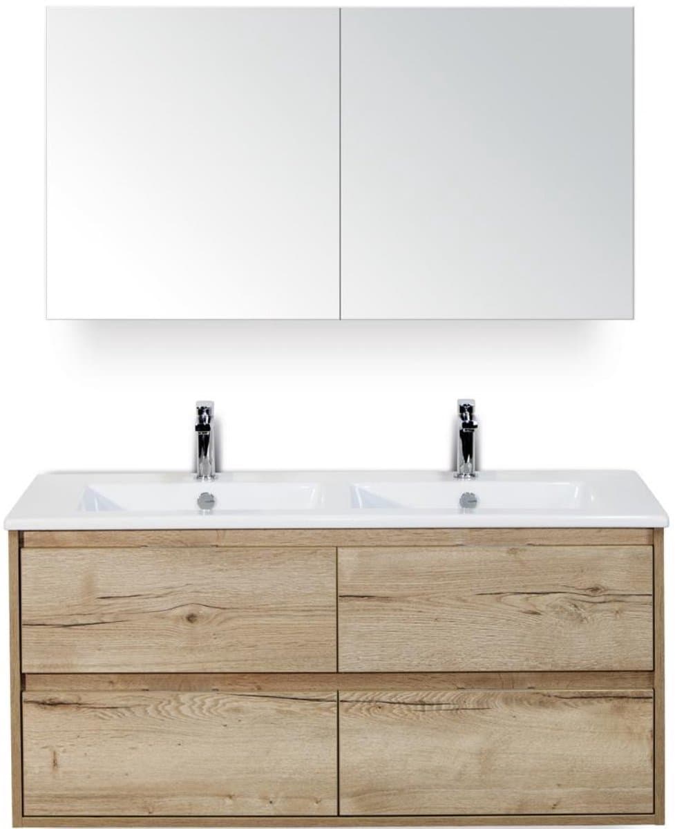 Porto Badmeubelset 120 cm - 4 Laden Natuur Eiken - Keramische Wastafel Wit Slim met Spiegelkast