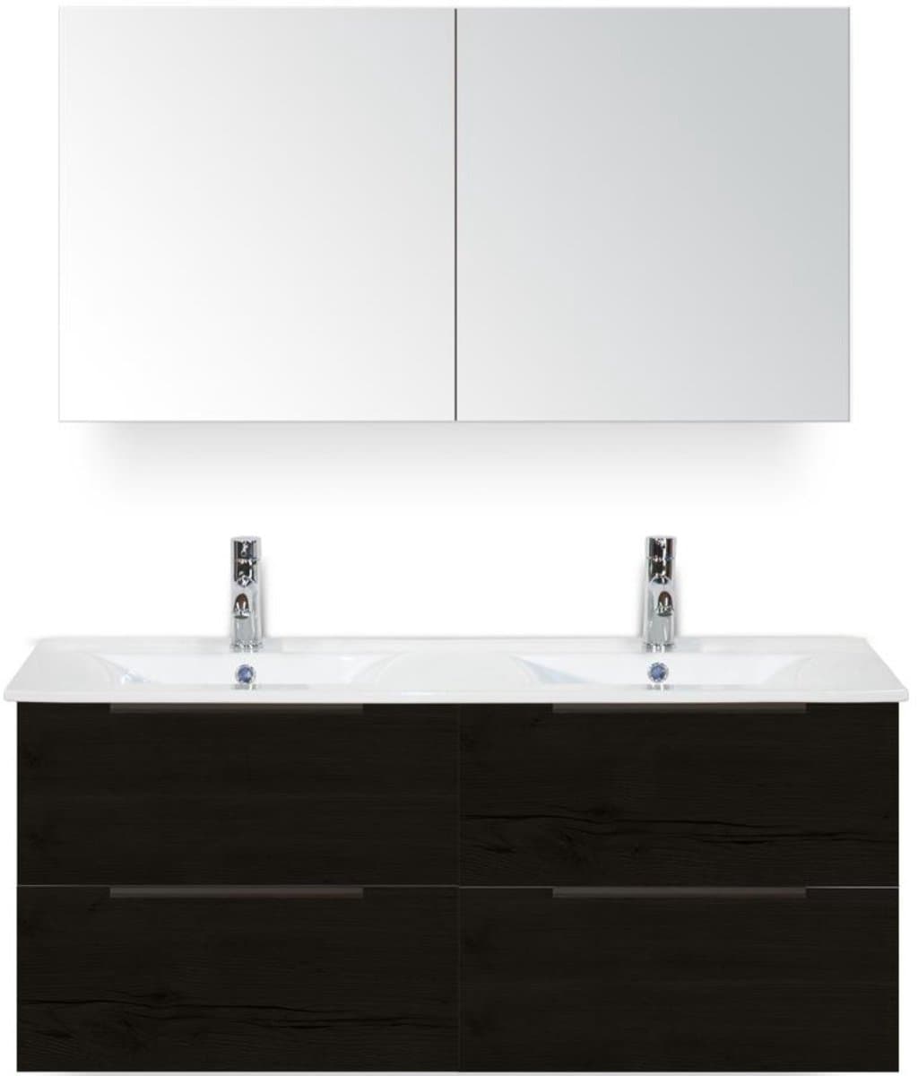 Seville Badmeubelset 120 cm - 4 Laden Black Oak Edge - Wastafel Enjoy Dubbel met Spiegelkast