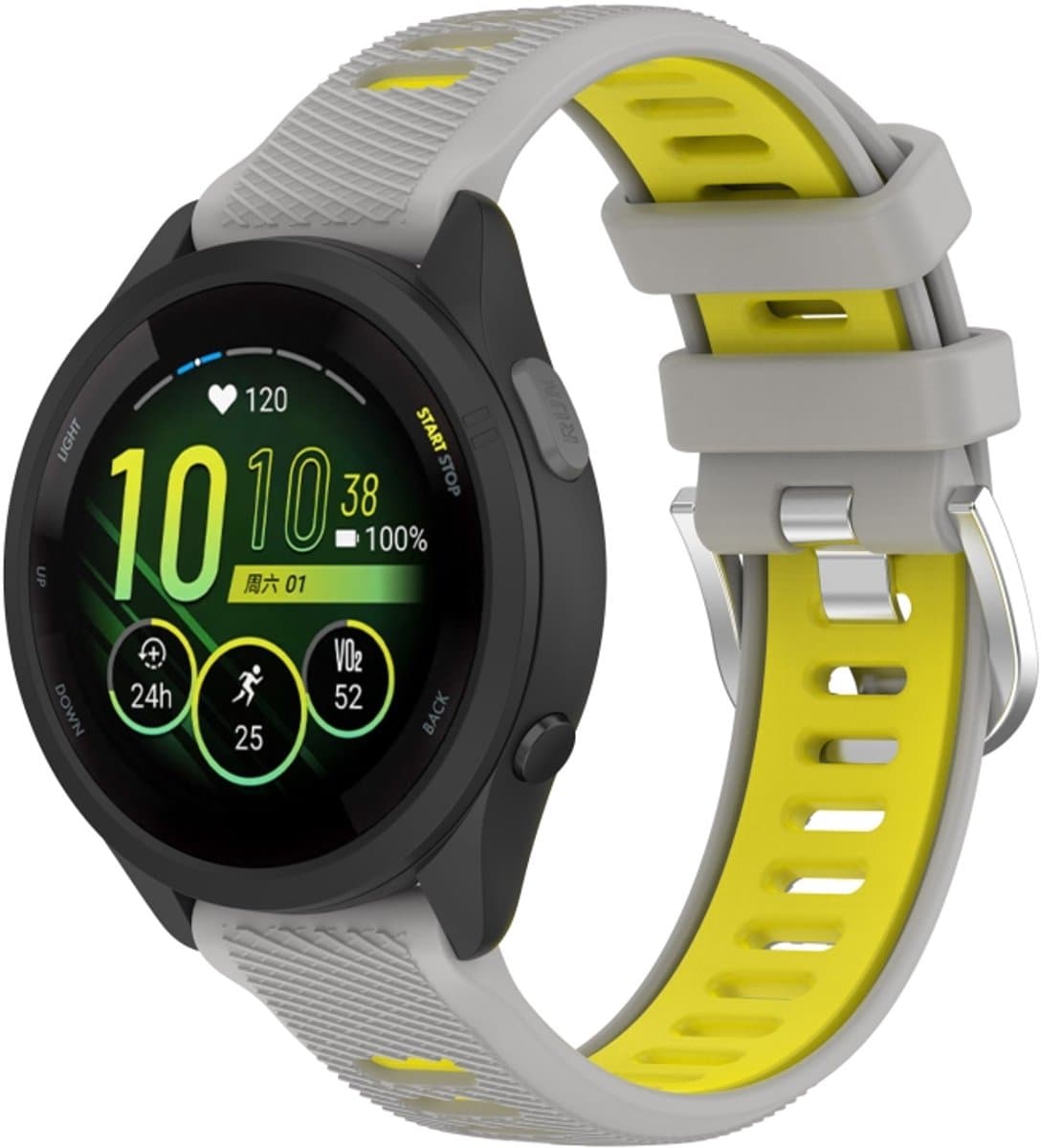 Voor Garmin Forerunner 265S 18 mm sport tweekleurige stalen gesp siliconen horlogeband (grijs + geel)