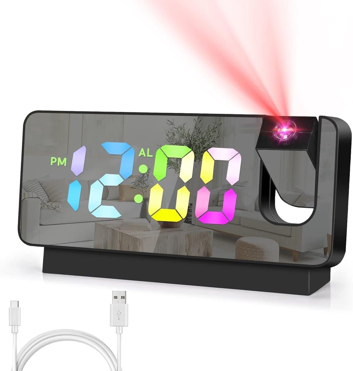 longziming -Projectie Wekker met LED Spiegel Display – Digitale Wekker met Temperatuur, Snoozefunctie, Nachtmodus en Instelbare Helderheid – Projectieklok voor Slaapkamer en Woonkamer