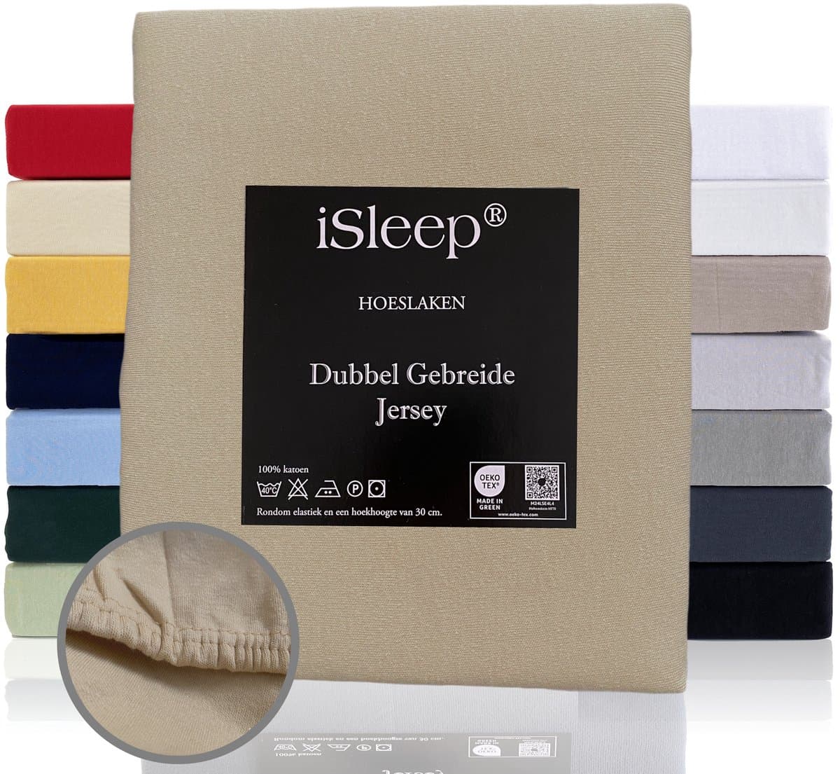 iSleep Dubbel Gebreide Jersey Hoeslaken - Hoge Hoek - Rondom Elastiek - Litsjumeaux XXL - 200/210x220/230 cm - Beige
