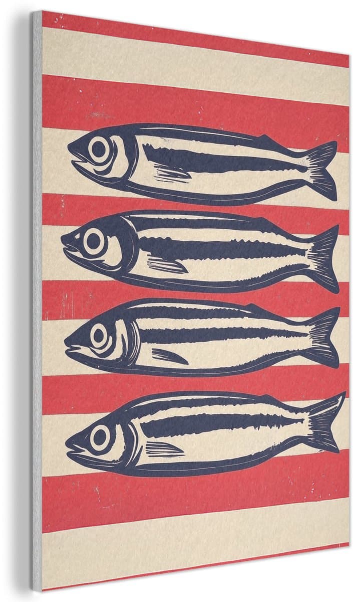 Akoestisch wandpaneel 30x40 cm - Vilt schilderij Sardines - Rood en beige strepen - Akoestische panelen - Geluidsdempende wanddecoratie - Geluidsisolatie woonkamer - Muurdecoratie geluidspanelen