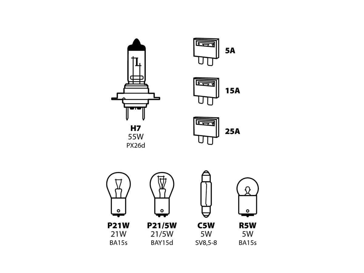 Lampa Reservelampenset 12V – 8-delig met H7 Halogeenlamp en Zekeringen