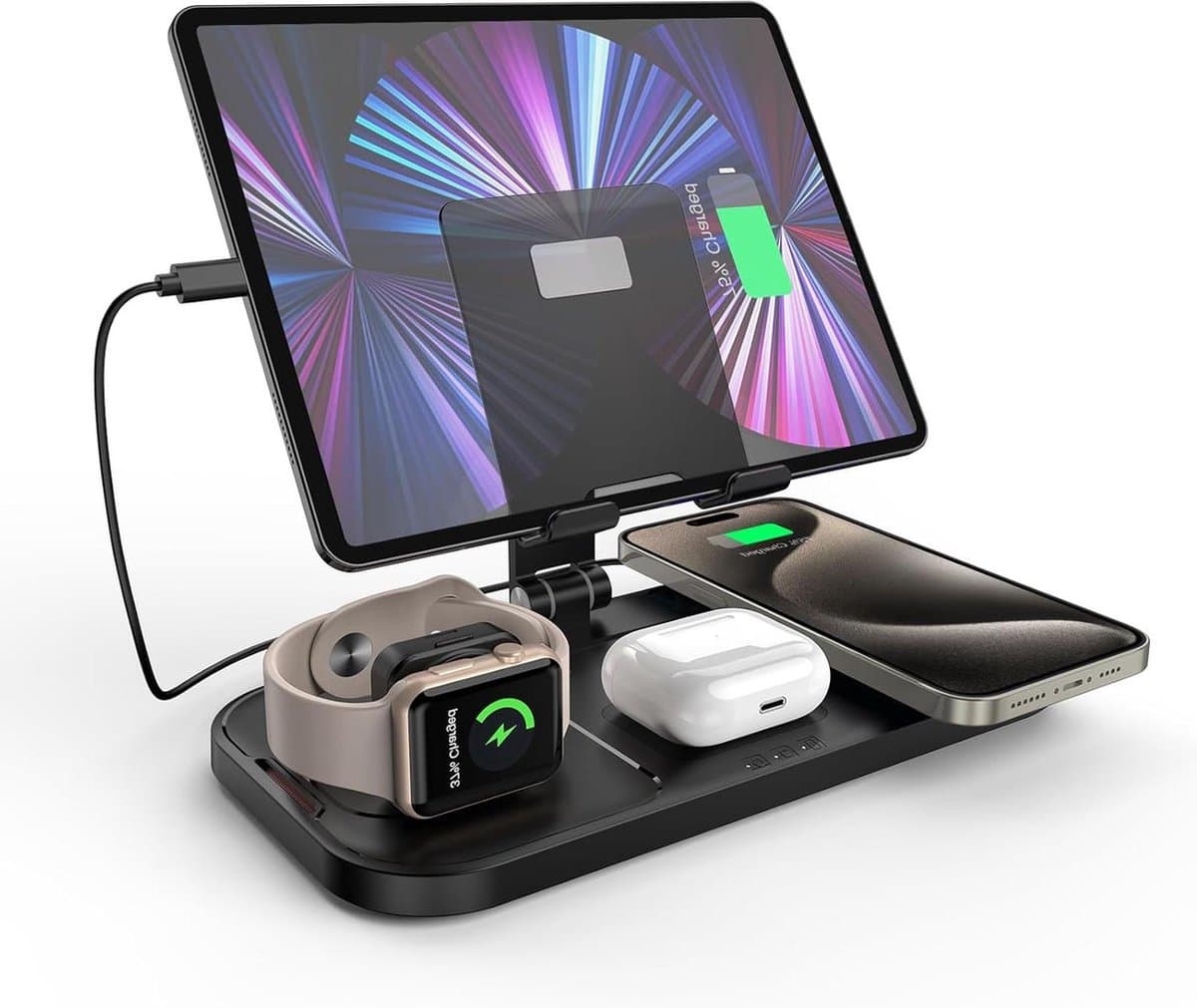 4 in 1 Wireless Charging Pad - iPhone 14 13 12 11 - Apple Watch 8 7 6 SE 5 - AirPods Pro - iPad (Black)