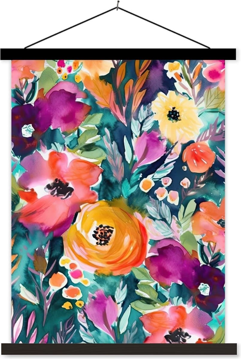 Posterhanger incl. Poster 60x80 cm - Schoolplaat - Bloemen - Olieverf - Kunst - Natuur - Textielposter - Zwarte latten