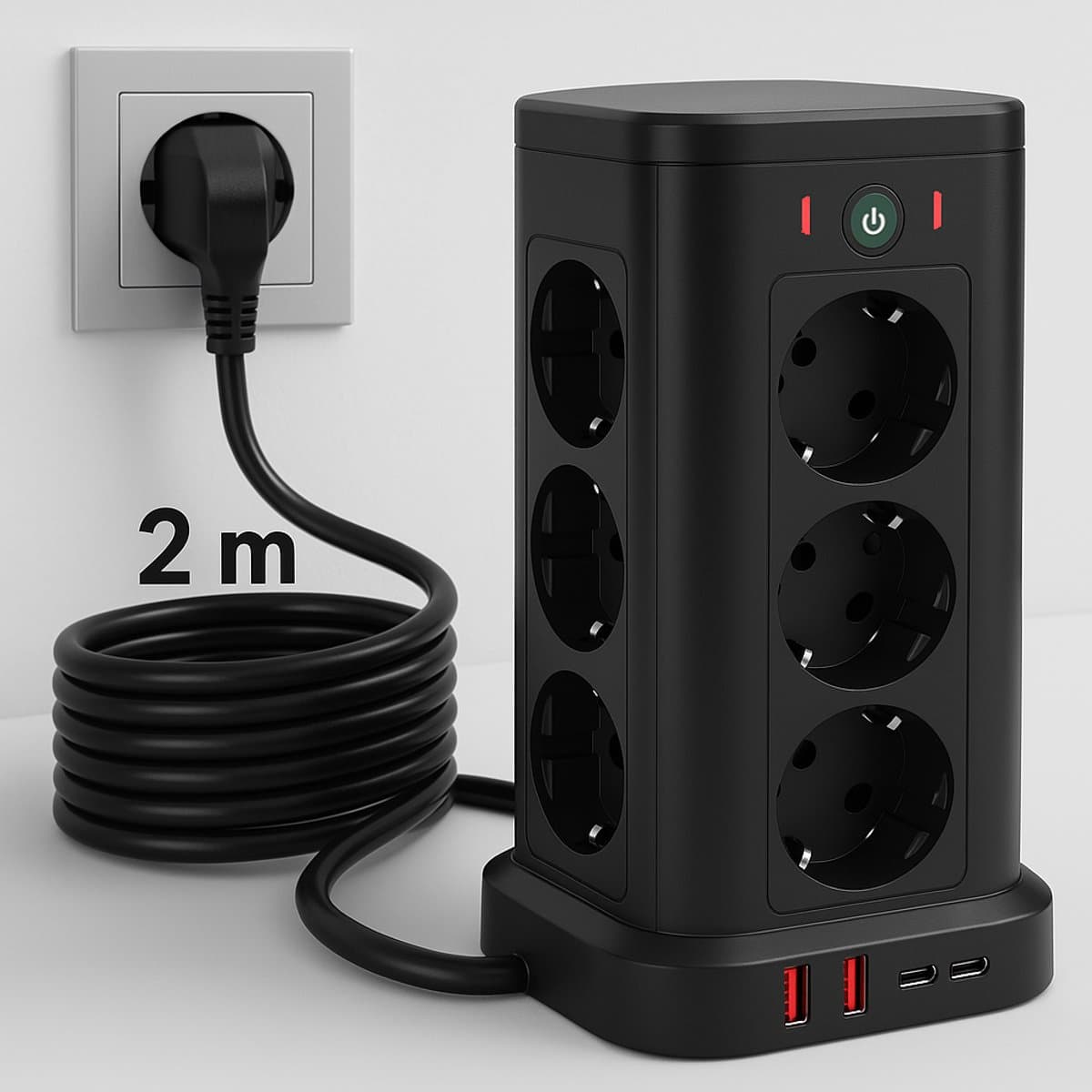 StayPowered Stekkerdoos - Opladen Zonder Grenzen in Elk Hoekje - 12 AC Stopcontacten - 2 USB-C Poorten - 2 USB-A Poorten - 2m Snoer - Overspanningsbeveiliging - Hoofdschakelaar - Ruimtebesparend Design - Zwart - Levering Sneller dan Aangegeven!