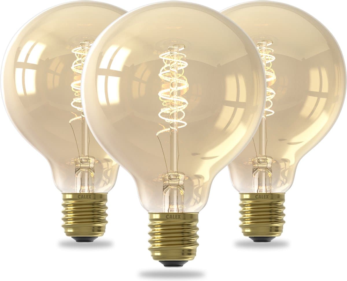 Calex Spiraal Filament LED Lamp - Set van 3 stuks - G95 Vintage Lichtbron - E27 - Goud - Warm Wit Licht - Dimbaar