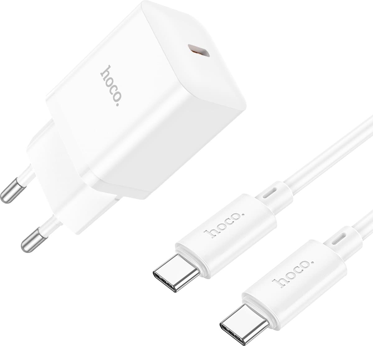 Hoco 20W Snellader + Kabel - Wit - USB C Stekker met Kabel Geschikt voor Telefoon en Tablet - PD & QC Oplader Inclusief 2m Type-C naar Type-C Kabel