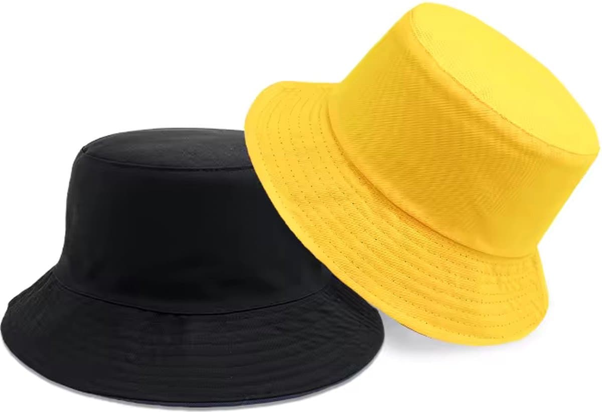 Bucket Hat - Omkeerbaar Vissershoedje - Dubbellaags - Geel & Zwart - Reversible - Maat 58 cm - Heren - Dames - Festival Accessoire - Festivalhoedje - Regenhoedje - Zonnehoedje - Emmerhoed - Hoed - Unisex